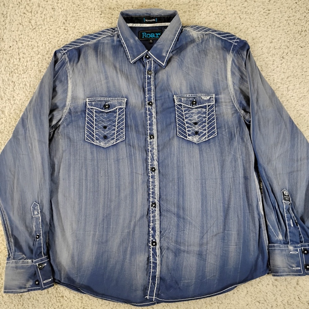 Roar Shirt Mens XL Blue Embroidered Faded Signature Cotton Button Y2K Western